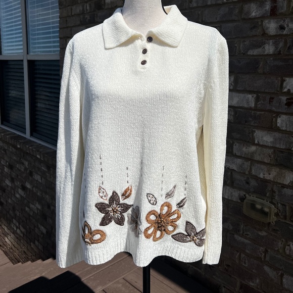 Alfred Dunner Embroidered & Beaded Flowers Floral Knit Ivory Sweater Women"s S - Picture 1 of 7